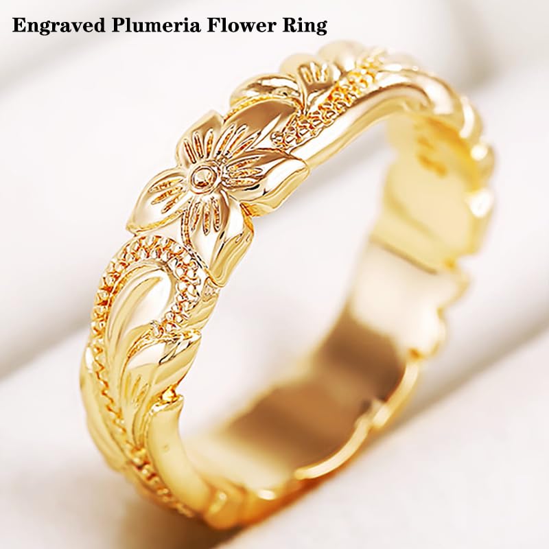 BlingNook Dainty Chunky Gold Flower Ring For Women, 14k Carving Process Engraved Plumeria Stackable Pinky Thumb Rings Wedding Promise Engagement Couples Men Jewelry Gift (Gold Flower, 8) - Image 2