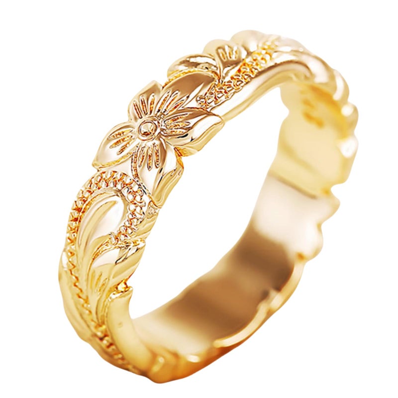 BlingNook Dainty Chunky Gold Flower Ring For Women, 14k Carving Process Engraved Plumeria Stackable Pinky Thumb Rings Wedding Promise Engagement Couples Men Jewelry Gift (Gold Flower, 8) - Image 1