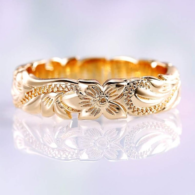 BlingNook Dainty Chunky Gold Flower Ring For Women, 14k Carving Process Engraved Plumeria Stackable Pinky Thumb Rings Wedding Promise Engagement Couples Men Jewelry Gift (Gold Flower, 8) - Image 4