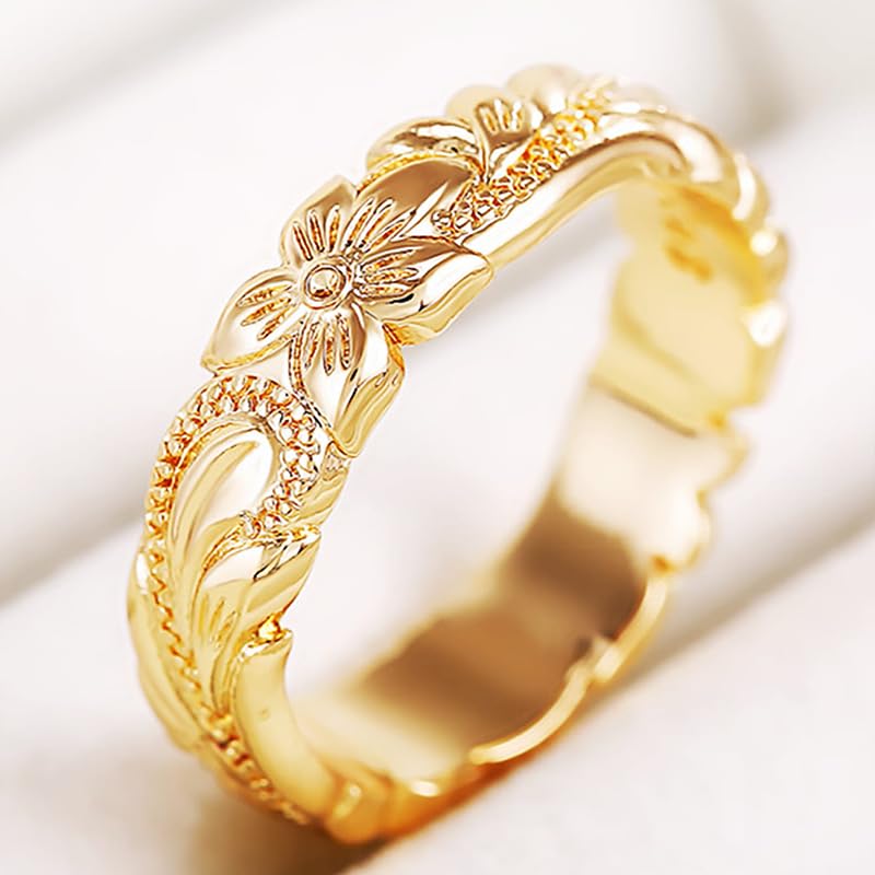 BlingNook Dainty Chunky Gold Flower Ring For Women, 14k Carving Process Engraved Plumeria Stackable Pinky Thumb Rings Wedding Promise Engagement Couples Men Jewelry Gift (Gold Flower, 8) - Image 5