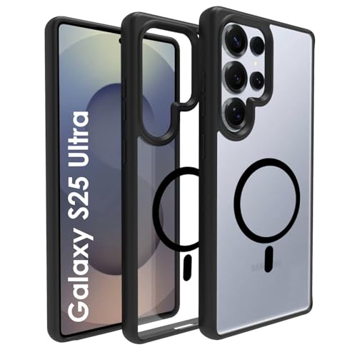 RIGGEAR Shockproof Sleek Hybrid Armor Magnetic Back Cover Case Compatible with MagSafe Accessories for Samsung Galaxy S25 Ultra (Clear PC with Black TPU Bumper) - Image 1