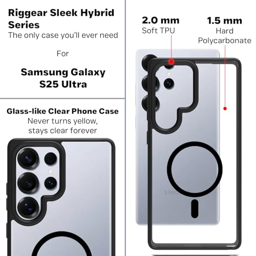 RIGGEAR Shockproof Sleek Hybrid Armor Magnetic Back Cover Case Compatible with MagSafe Accessories for Samsung Galaxy S25 Ultra (Clear PC with Black TPU Bumper) - Image 4