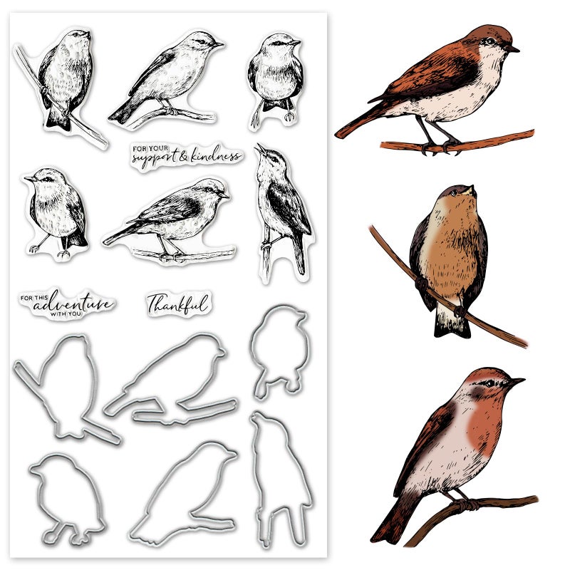 Birds Cutting Dies and Clear Stamps Animals Clear Stamps with Die Cuts for Card Making Thankful Words Animal Embossing Stencil Template Tool for DIY Scrapbooking Photo Album Card Craft Decoration