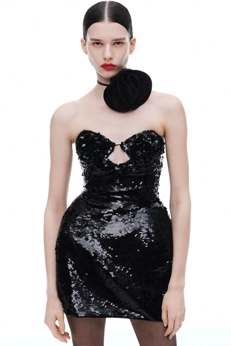 H&M Sequined rose-appliquéd hourglass dress