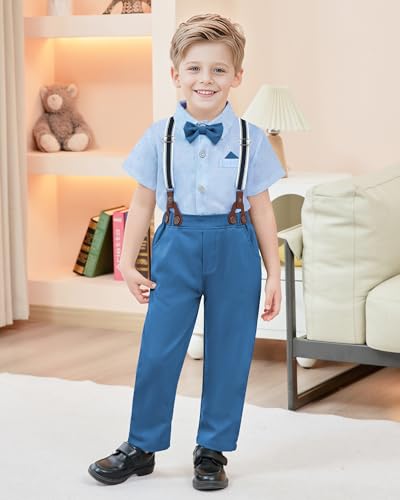 nilikastta Baby Photoshoot Outfits Boy Blue Formal Dress Shirt/Bowtie/Suspender Pants 12-18 Months for Wedding - Image 2