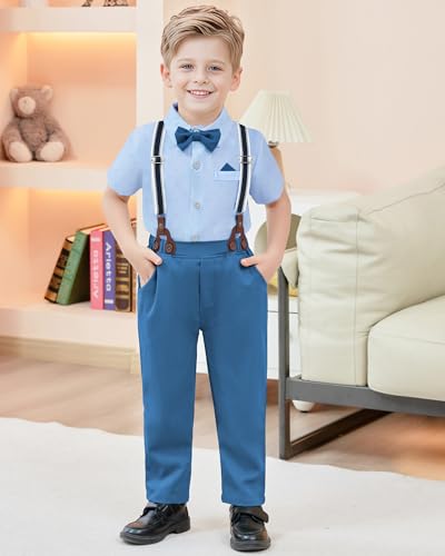 nilikastta Baby Photoshoot Outfits Boy Blue Formal Dress Shirt/Bowtie/Suspender Pants 12-18 Months for Wedding - Image 3