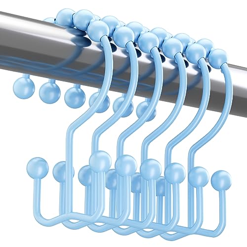 Titanker Shower Curtain Hooks Rust Resistant Shower Curtain Rings for Bathroom Metal Double Glide Shower Hooks Hangers for Bathroom Shower Rods Curtains Set of 12 Hooks  Blue