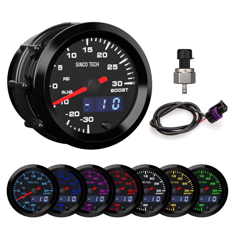 Generic SINCO TECH Boost Turbo Gauge with Sensor 52mm Car Meter PSI Gauge Digital Display Pointer 7 Colors LED Boost Gauge Kit 12V Universal (Boost Gauge)…  - Image 1