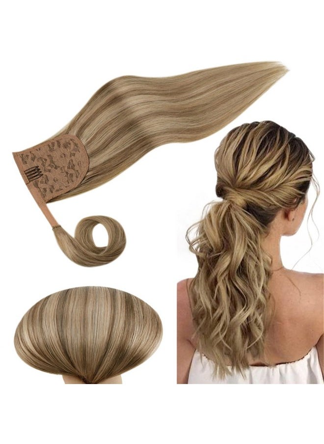 RUNATURE Human Hair Ponytail Extension Blonde Clip In Ponytail Hair Extension Dark Blonde Highlight Caramel Blonde Short Ponytail Human Hair Extensions Straight Pony Tails Hair Extension 12 Inch 70G  - Image 1