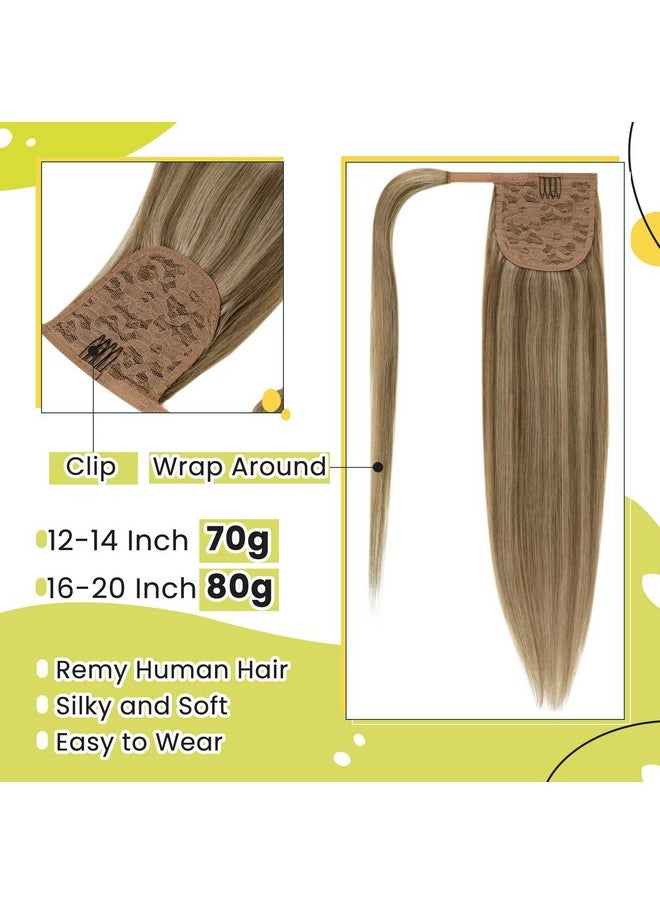 RUNATURE Human Hair Ponytail Extension Blonde Clip In Ponytail Hair Extension Dark Blonde Highlight Caramel Blonde Short Ponytail Human Hair Extensions Straight Pony Tails Hair Extension 12 Inch 70G  - Image 3