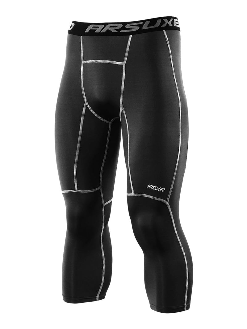 ARSUXEO Men's 3/4 Running Compression Tights Capri Pants K75 Black Size X-Large - Image 1