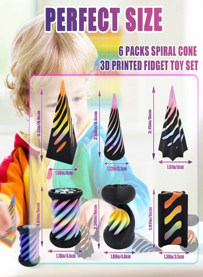 Apear1 6 Pack Spiral Cone Fidget Toys, 3D Printed Impossible Cone, Flexible Pyramid Passthrough Toys for Stress Relief, Mini Desktop Deco Souvenir Gift Adults & Kids for Anxiety Relaxing (Rainbow Black) - Image 2
