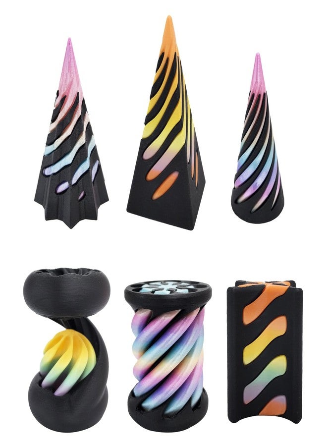 Apear1 6 Pack Spiral Cone Fidget Toys, 3D Printed Impossible Cone, Flexible Pyramid Passthrough Toys for Stress Relief, Mini Desktop Deco Souvenir Gift Adults & Kids for Anxiety Relaxing (Rainbow Black) - Image 1