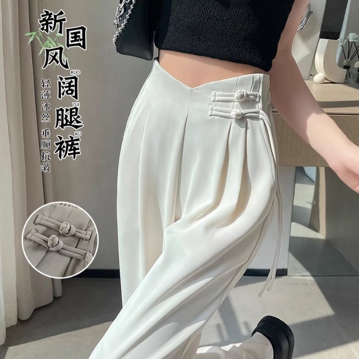 Suit Pants Women'S New Chinese Style National Style Buckle White Straight Casual Summer Wide Leg Pants - Image 1