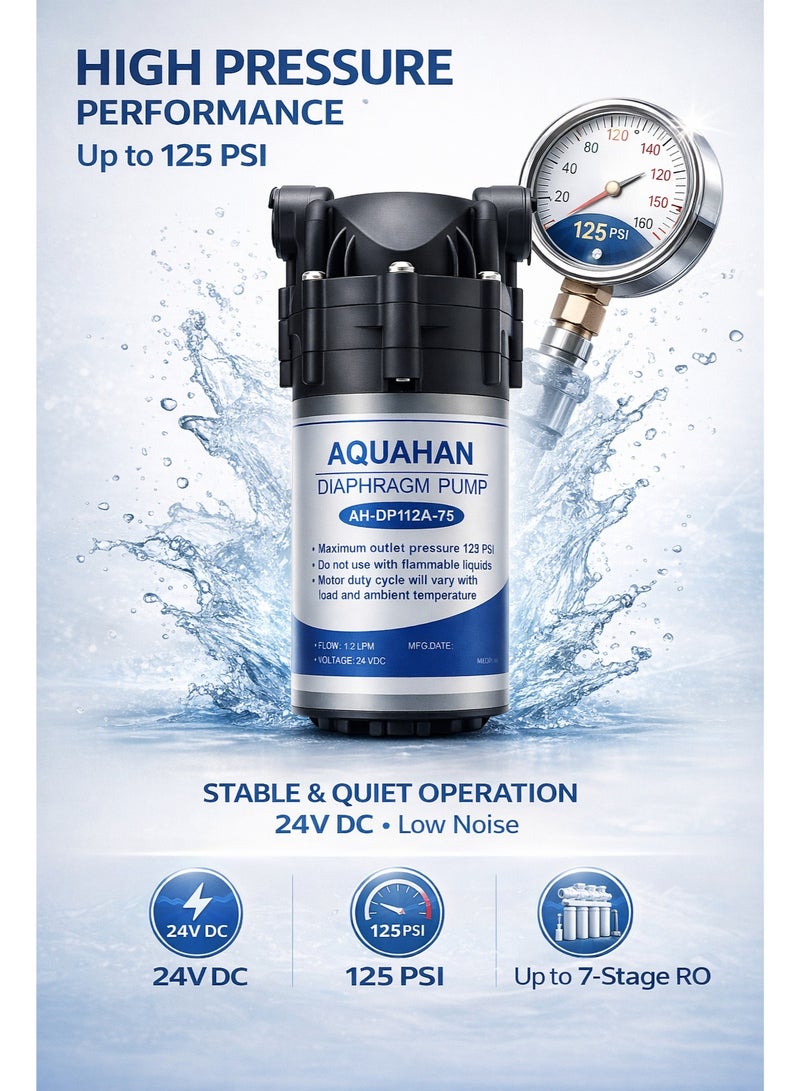 مضخة وموتور فلتر مياه RO 7 مراحل 24 فولت – ضغط عالي حتى 125 PSI – تشغيل هادئ ومتوافق مع جميع فلاتر المياه المنزلية - Image 2