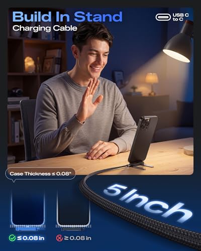 LOOHOI USB C to USB C Cable, 240W USB-C Charge Cable with Built-in Phone Stand (5FT, Black), Durable Braided Type-C Cable with 90° Angled T-Shaped Stand - Image 3