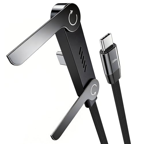 LOOHOI USB C to USB C Cable, 240W USB-C Charge Cable with Built-in Phone Stand (5FT, Black), Durable Braided Type-C Cable with 90° Angled T-Shaped Stand - Image 1