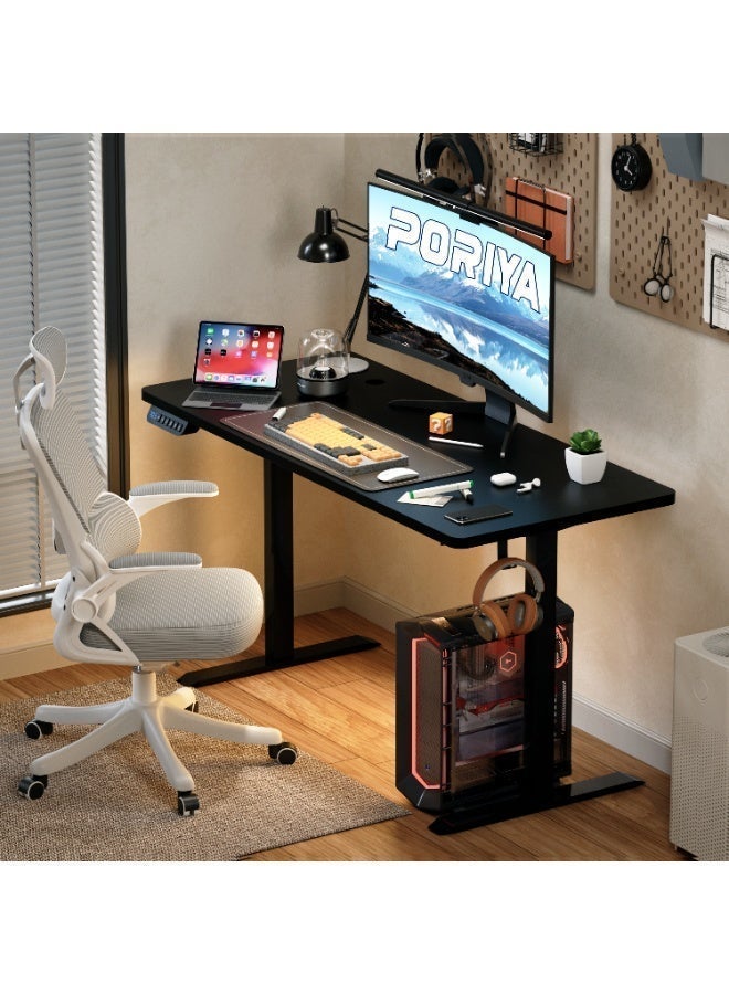 PORIYA Electric Standing Desk - Motorized Height Adjustable Sit Stand Table with Touch Control Panel, Cable Management, and Headphone Hook - Ideal for Home Office (Black Frame+120cm Black Top) - Image 1