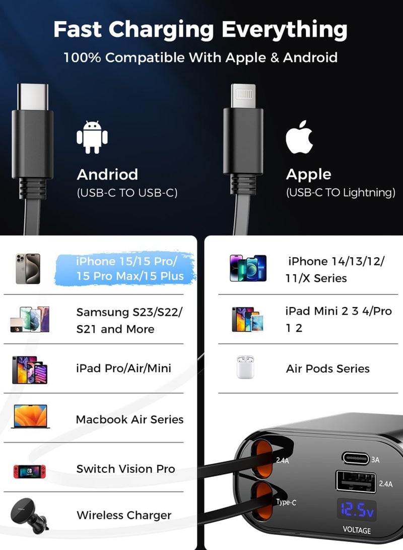 Car Charger - Fast Charging 4-in-1 Adapter with Collapsible Lightning & Type C Cables, Dual USB Ports & Voltage Display - Compatible with iPhone, iPad, Galaxy - 60W Power Output  - Image 4
