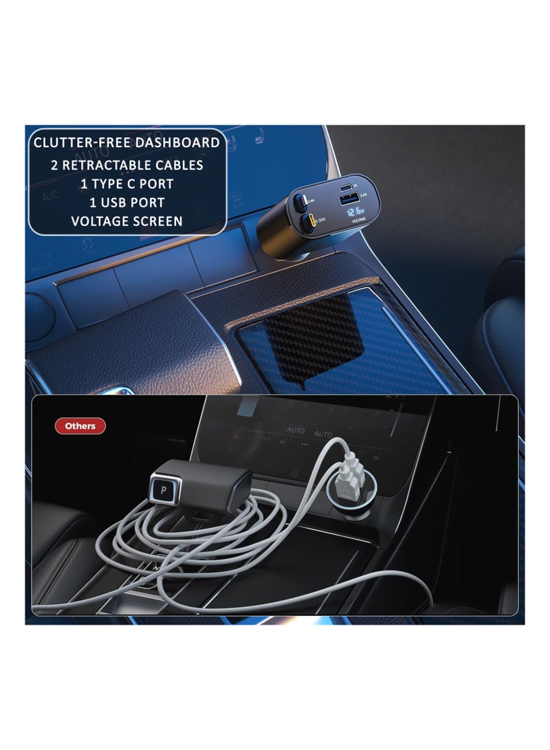 Car Charger - Fast Charging 4-in-1 Adapter with Collapsible Lightning & Type C Cables, Dual USB Ports & Voltage Display - Compatible with iPhone, iPad, Galaxy - 60W Power Output  - Image 5