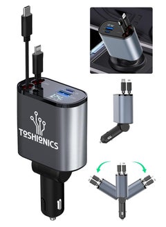 Generic Car Charger - Fast Charging 4-in-1 Adapter with Collapsible Lightning & Type C Cables, Dual USB Ports & Voltage Display - Compatible with iPhone, iPad, Galaxy - 60W Power Output  - Image 2