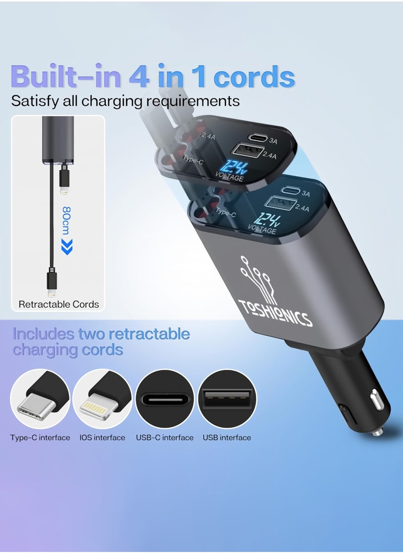 Generic Car Charger - Fast Charging 4-in-1 Adapter with Collapsible Lightning & Type C Cables, Dual USB Ports & Voltage Display - Compatible with iPhone, iPad, Galaxy - 60W Power Output  - Image 4