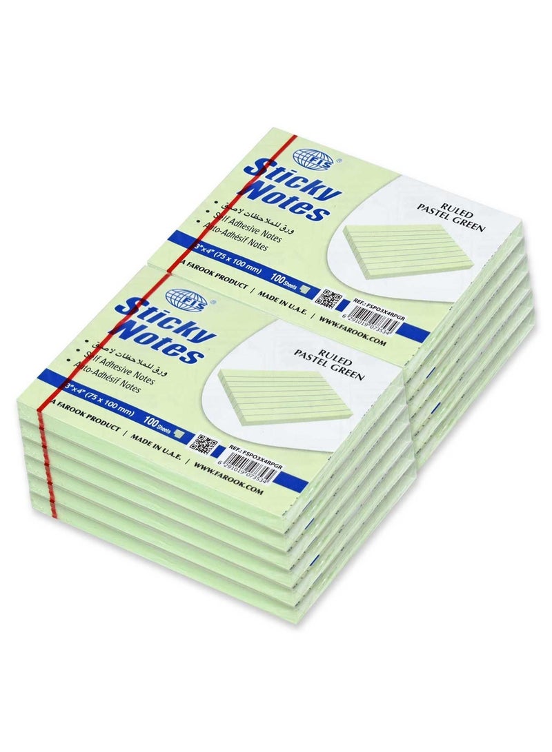 FIS Sticky Note Pad, 3X4 inches, Pack of 12, Ruled Pastel Green -FSPO3X4RPGR - Image 1