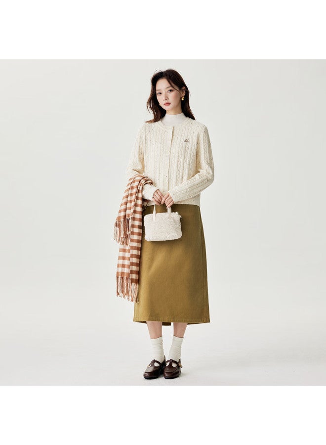 Inman Pure Cotton Corduroy Skirt Women Spring Autumn Commuting Versatile Comfortable Mid-length A-line Skirt Khaki L - Image 3