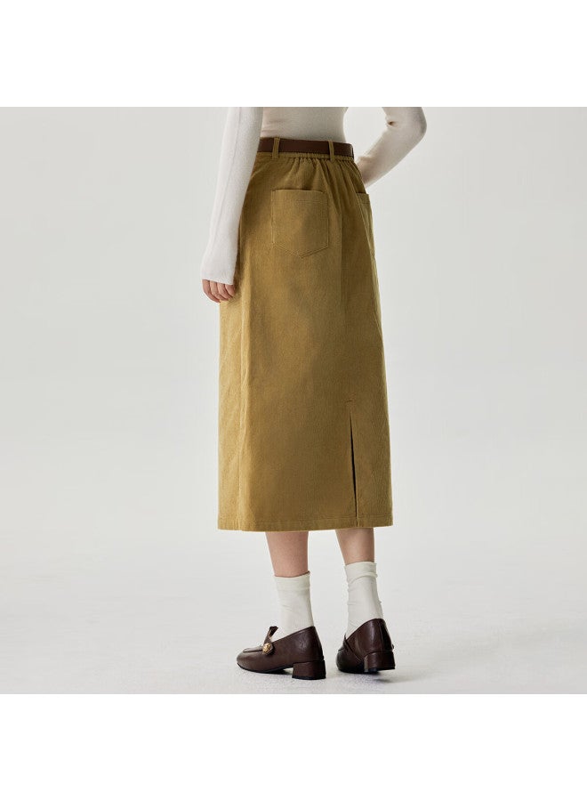 Inman Pure Cotton Corduroy Skirt Women Spring Autumn Commuting Versatile Comfortable Mid-length A-line Skirt Khaki L - Image 2