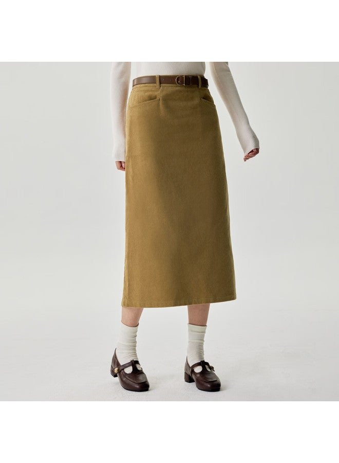 Inman Pure Cotton Corduroy Skirt Women Spring Autumn Commuting Versatile Comfortable Mid-length A-line Skirt Khaki L - Image 1