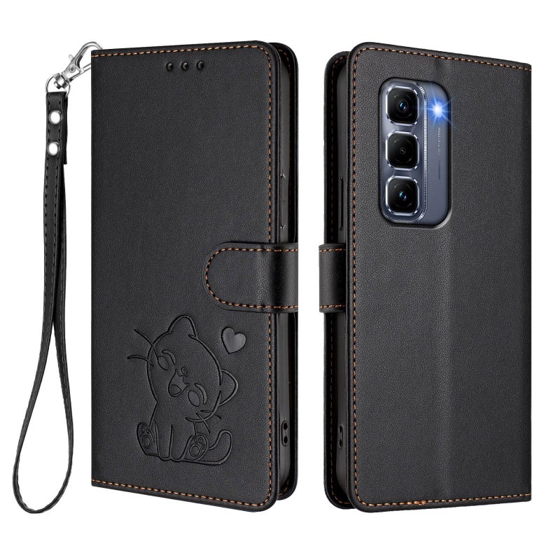 إيروريكس جراب هاتف من الجلد المنقوش على شكل قطة لهاتف Infinix Hot 50 Pro+ 4G مع حزام يد (أسود) - Image 2