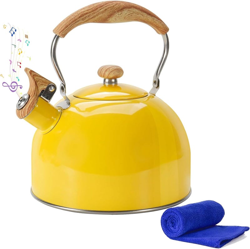 foedo Tea Kettle,Whistling Tea Kettle Stovetop 2.6 Quart, Tea Pots for Stove Top Food Grade Stainless Steel,Wood Pattern Handle(Yellow),With Anti Scald Towel - Image 1
