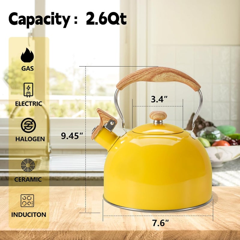 foedo Tea Kettle,Whistling Tea Kettle Stovetop 2.6 Quart, Tea Pots for Stove Top Food Grade Stainless Steel,Wood Pattern Handle(Yellow),With Anti Scald Towel - Image 2