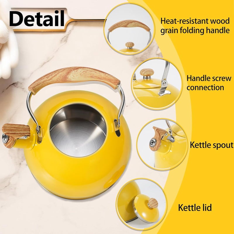foedo Tea Kettle,Whistling Tea Kettle Stovetop 2.6 Quart, Tea Pots for Stove Top Food Grade Stainless Steel,Wood Pattern Handle(Yellow),With Anti Scald Towel - Image 3