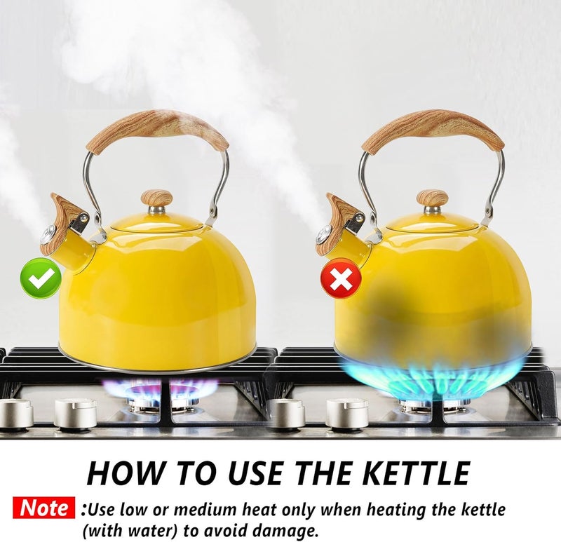 foedo Tea Kettle,Whistling Tea Kettle Stovetop 2.6 Quart, Tea Pots for Stove Top Food Grade Stainless Steel,Wood Pattern Handle(Yellow),With Anti Scald Towel - Image 4