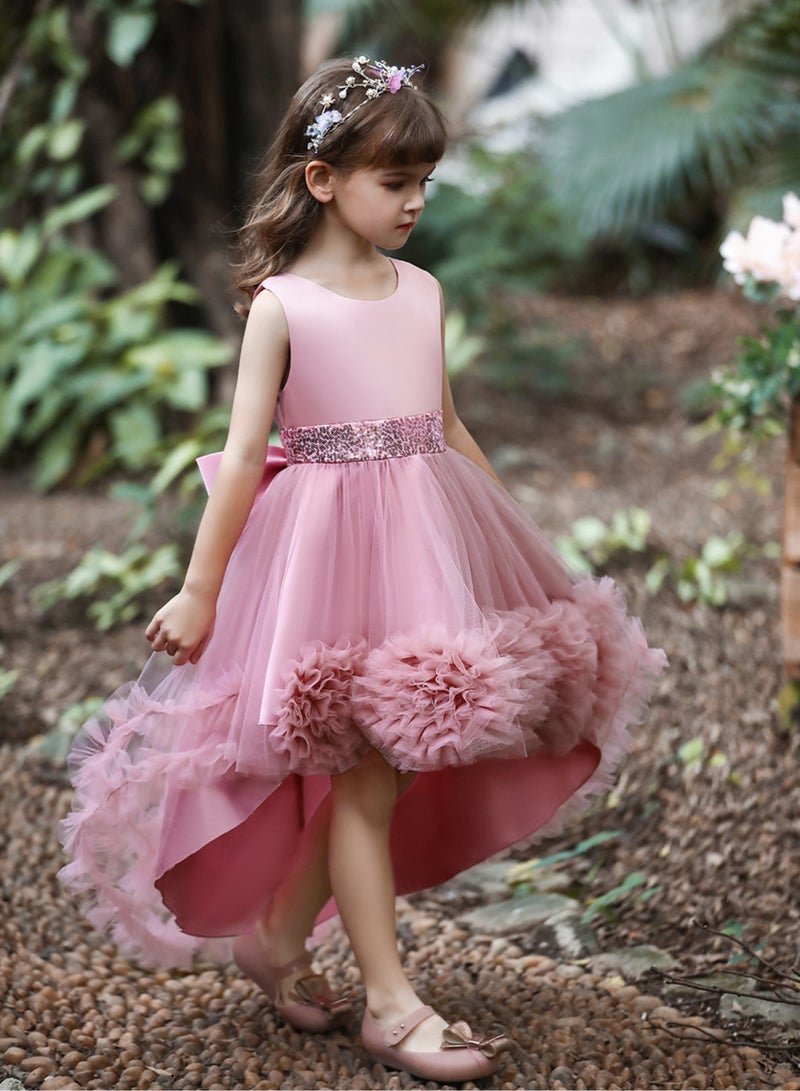 Elegant Girls' Sequin Tulle Princess Dress with Flower Appliqué — Frock for Girls, Girl Dress, Party Wear Dress for Girls, Birthday Dress for Girl, Clothes for Kids Girls, Dresses for Girls, Kids Girl Dress — Dusty Pink, 120cm (6-8Y) - Image 1