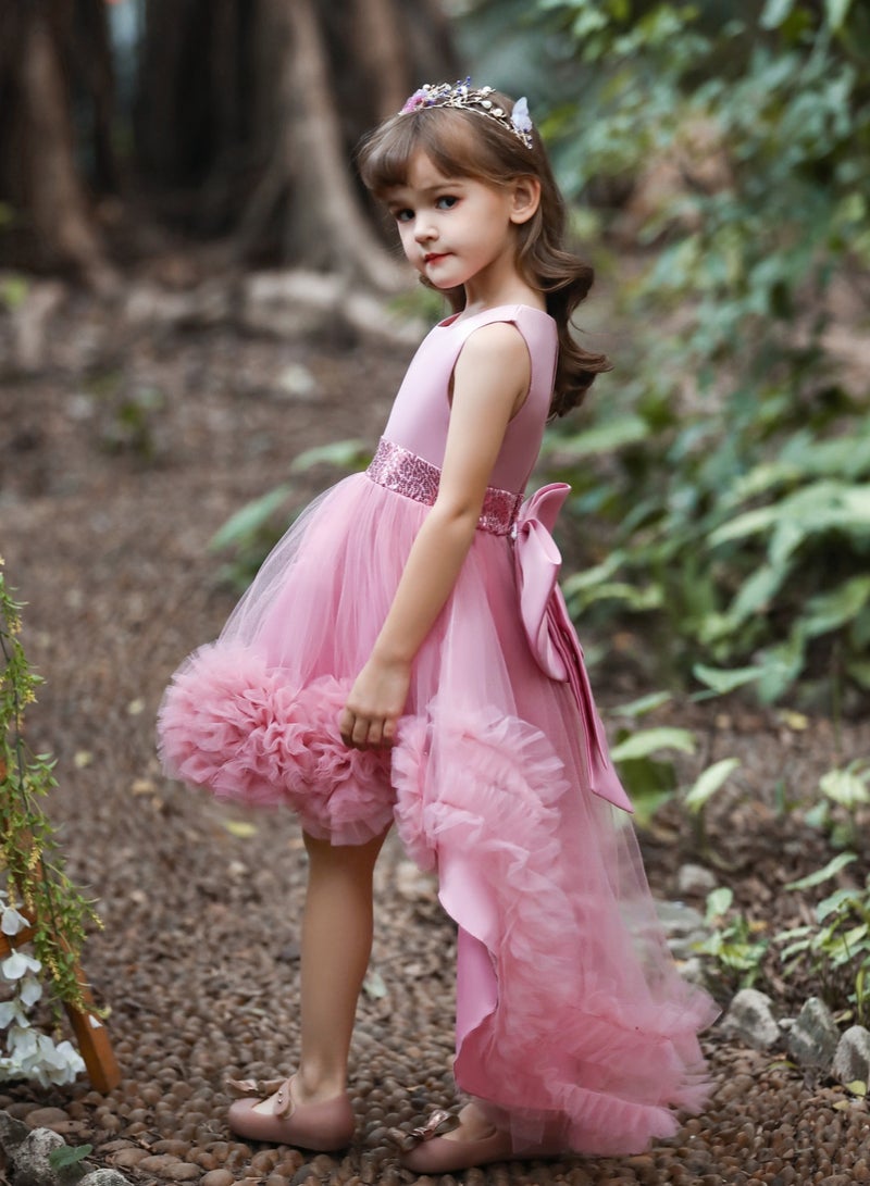 Elegant Girls' Sequin Tulle Princess Dress with Flower Appliqué — Frock for Girls, Girl Dress, Party Wear Dress for Girls, Birthday Dress for Girl, Clothes for Kids Girls, Dresses for Girls, Kids Girl Dress — Dusty Pink, 120cm (6-8Y) - Image 4