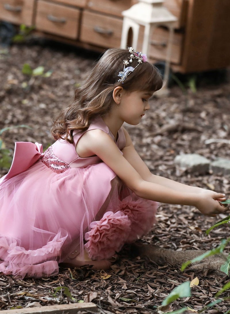 Elegant Girls' Sequin Tulle Princess Dress with Flower Appliqué — Frock for Girls, Girl Dress, Party Wear Dress for Girls, Birthday Dress for Girl, Clothes for Kids Girls, Dresses for Girls, Kids Girl Dress — Dusty Pink, 120cm (6-8Y) - Image 5