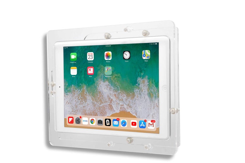 TABcare AntiTheft Acrylic VESA Enclosure for Apple iPad 789 102 with Free Wall Mount Kit 90Degree Angle Charge Cable iPad 789 102 Clear