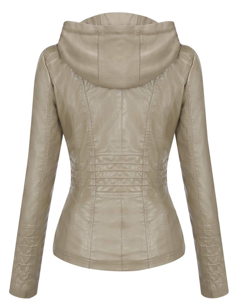 Springrain Women's Faux Leather Jacket Moto Biker Coat with Detachable Hood Motorcycle Jacket (Medium, Apricot) - Image 2