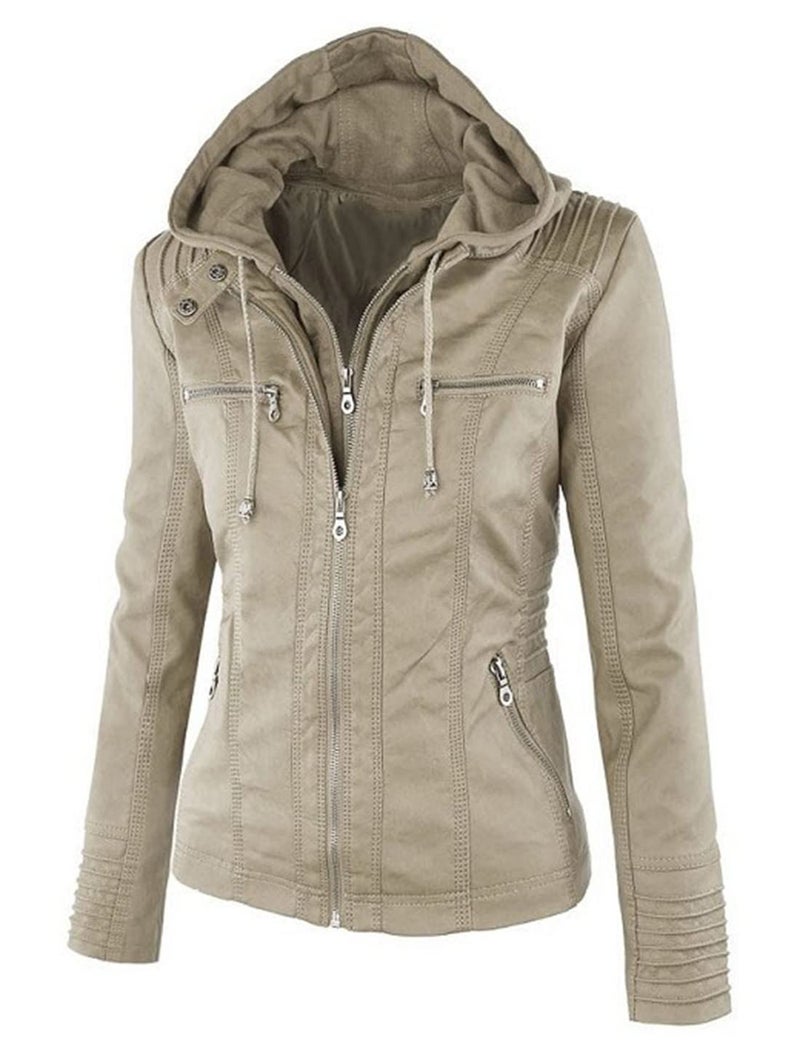 Springrain Women's Faux Leather Jacket Moto Biker Coat with Detachable Hood Motorcycle Jacket (Medium, Apricot) - Image 3