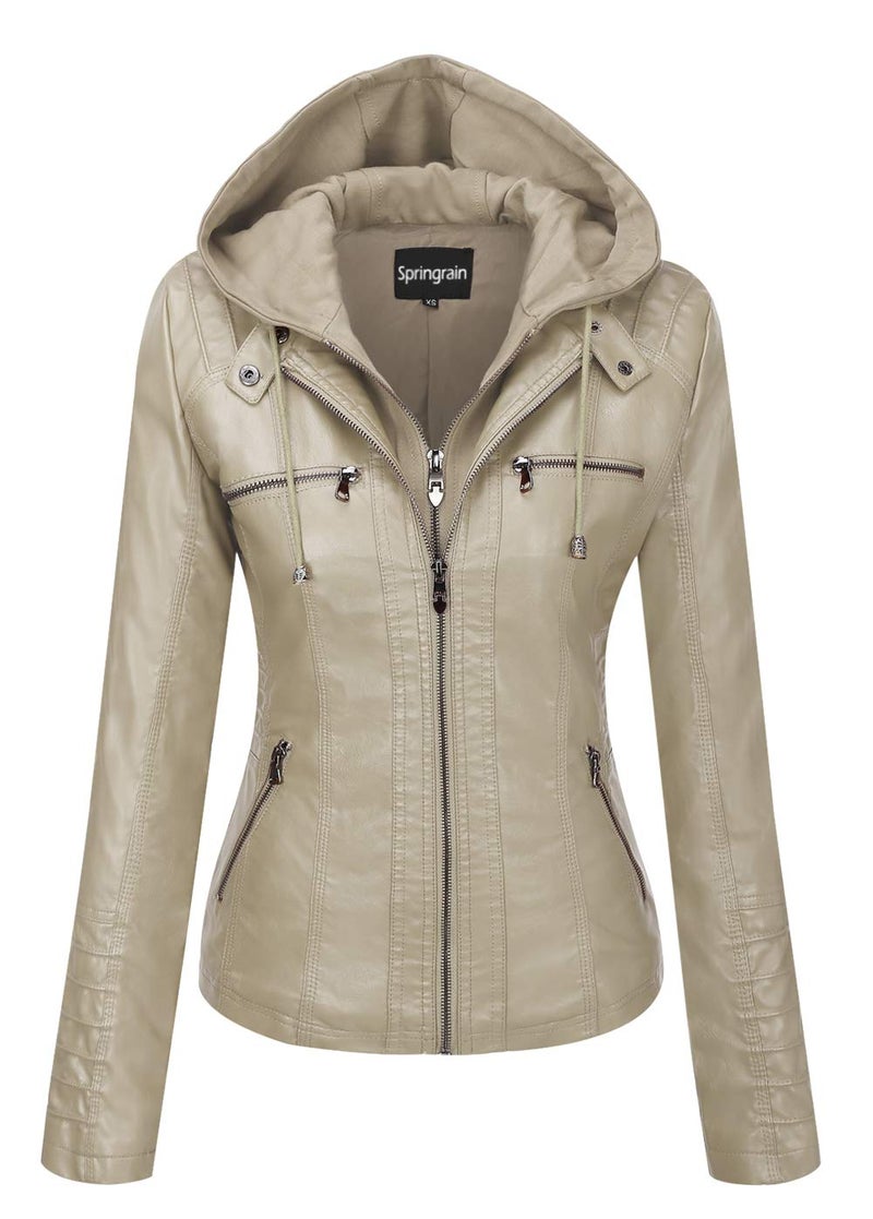 Springrain Women's Faux Leather Jacket Moto Biker Coat with Detachable Hood Motorcycle Jacket (Medium, Apricot) - Image 1