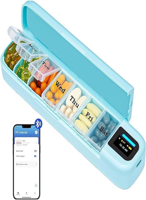 Smart Pill Organizer with Alarm, Bluetooth Daily Pill Box (7 Days with APP), Weekly Travel Pill Box, Portable Pill Reminder for Medication, Supplements, Pills and Vitamins (Green)