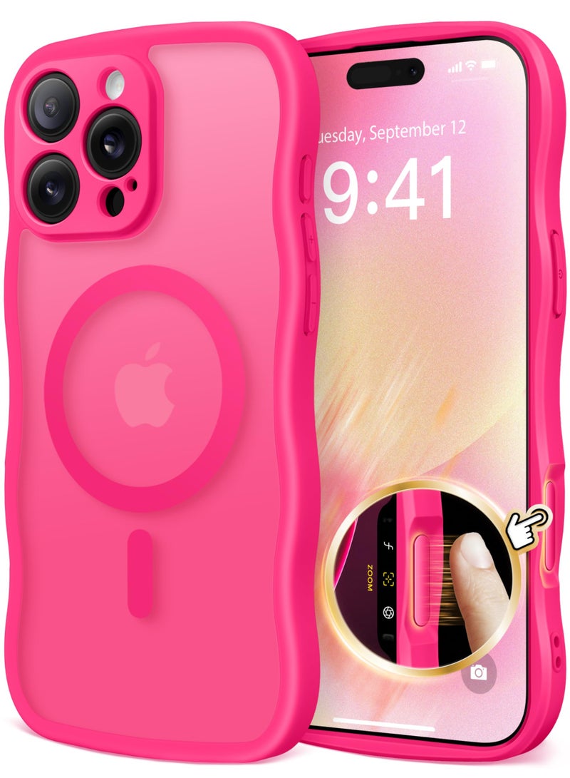 كبرارو جراب لهاتف iPhone 16 Pro Max للنساء والفتيات، مُحسّن [حماية كاملة للكاميرا] [متوافق مع MagSafe] جراب هاتف شفاف غير لامع لطيف متموج لهاتف iPhone 16 Pro Max، وردي فاقع - Image 1