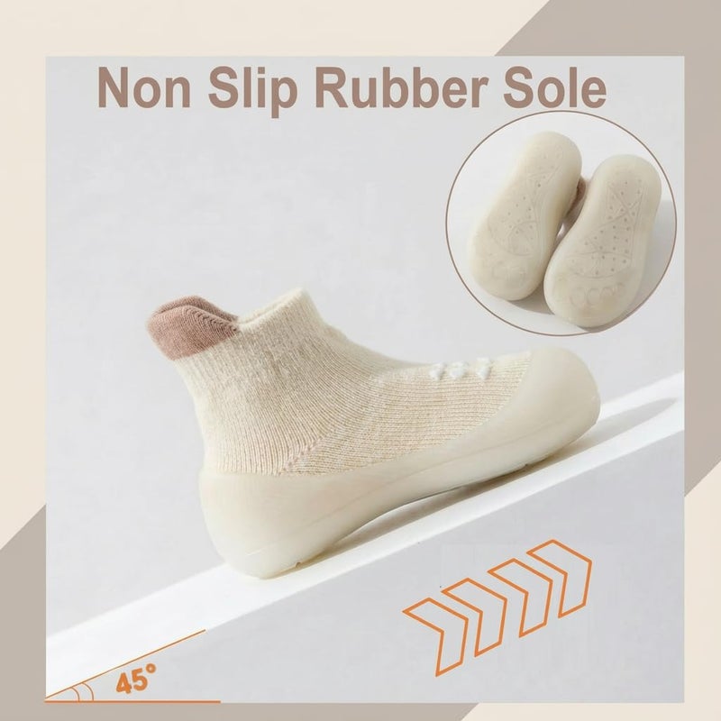 Hstyle Baby Sock Shoes Toddler Walking Shoes Infant Non-Slip Slippers Soft Rubber Sole Sneakers for Baby Boys Girls 18-24 Months Beige - Image 2