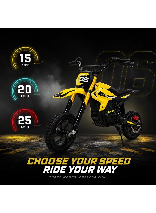 MYTOYS Electric Dirt Bike for Kids, 350W Motor, 36V Battery, 25KM/H Speed, 12-Inch Tires, Yellow - Image 4