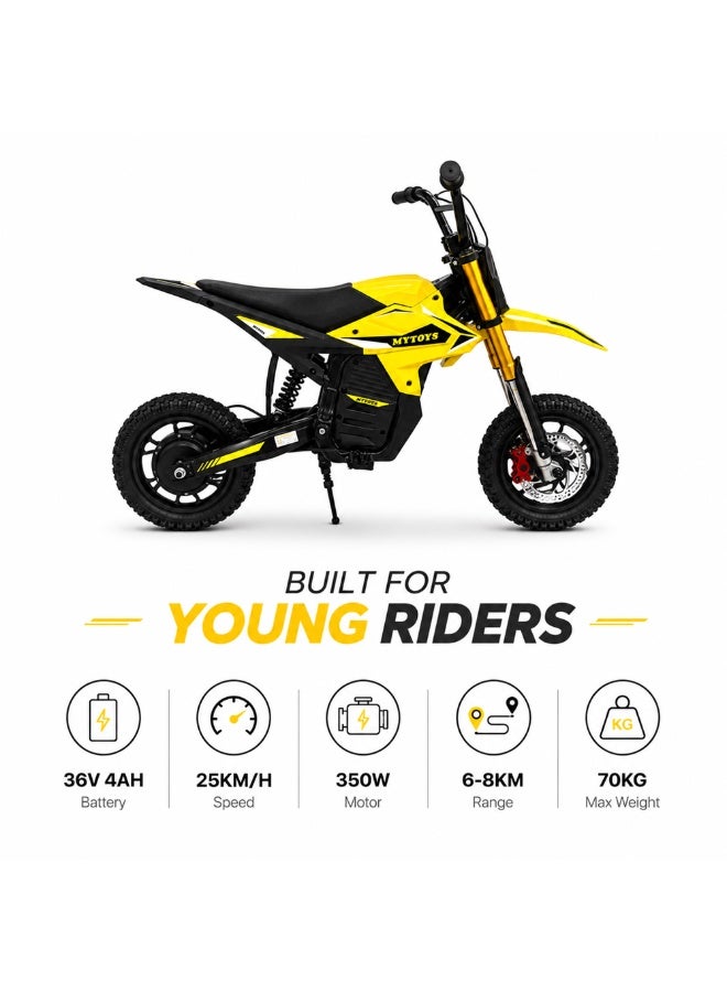 MYTOYS Electric Dirt Bike for Kids, 350W Motor, 36V Battery, 25KM/H Speed, 12-Inch Tires, Yellow - Image 2