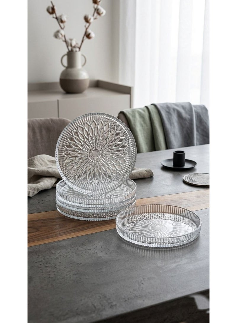 A set of 6 plates for serving cakes, cookies, and desserts, measuring 12 cm, featuring elegant glass designs.