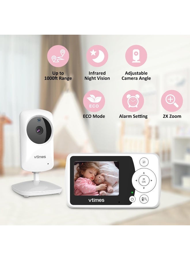 VTimes Baby Monitor with Camera and Audio, Video Baby Monitor No WiFi Night Vision, 2.4" LCD Screen Portable Baby Camera VOX Mode Pan-Tilt-Zoom Alarm and 1000ft Range - Image 3