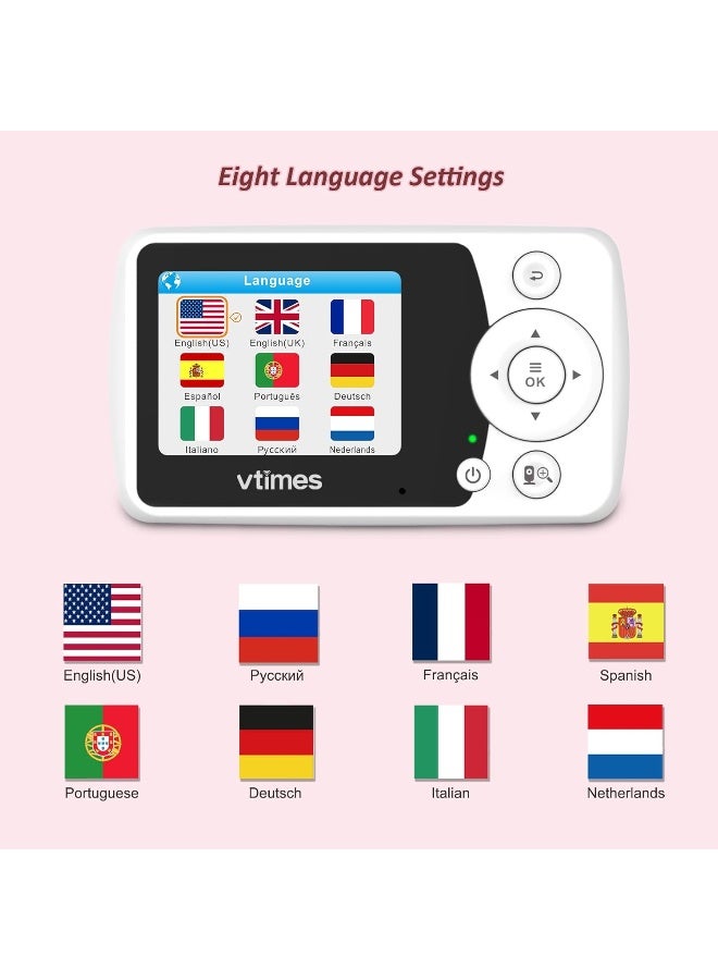 VTimes Baby Monitor with Camera and Audio, Video Baby Monitor No WiFi Night Vision, 2.4" LCD Screen Portable Baby Camera VOX Mode Pan-Tilt-Zoom Alarm and 1000ft Range - Image 4